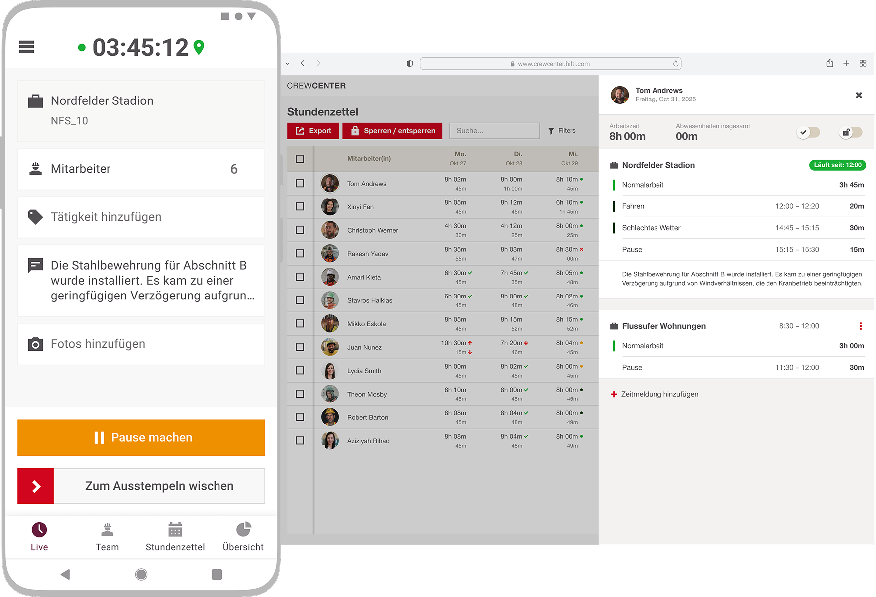 CrewCenter Benutzeroberfläche für Smartphone und Computer